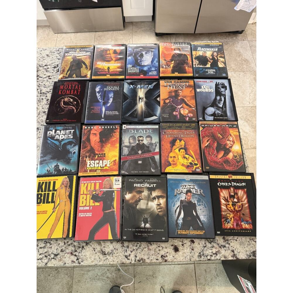 Lot Of 20 Action DVD Movies Kill Bill Tomb Raider Spider-Man X-men Mortal Kombat